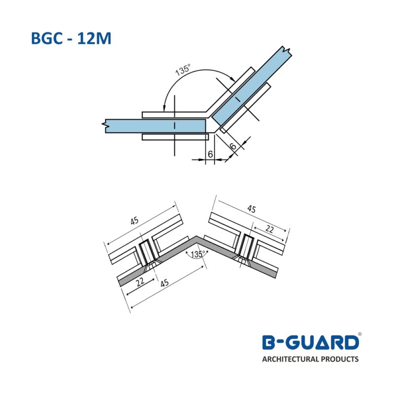 Connector To Join Glass To Glass Panel At 135° Thickness 4mm With Mirror Finish(BGC-12M) - Image 4